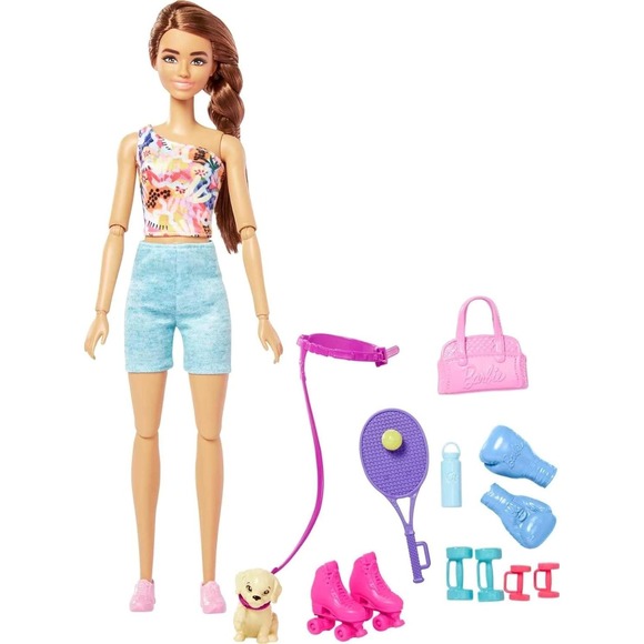 Barbie Self-Care Posable Doll, Brunette Workout Doll with Puppy and Accessories - Picture 2 of 7